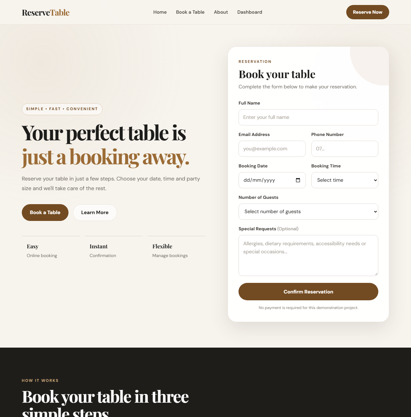 ReserveTable restaurant booking system screenshot