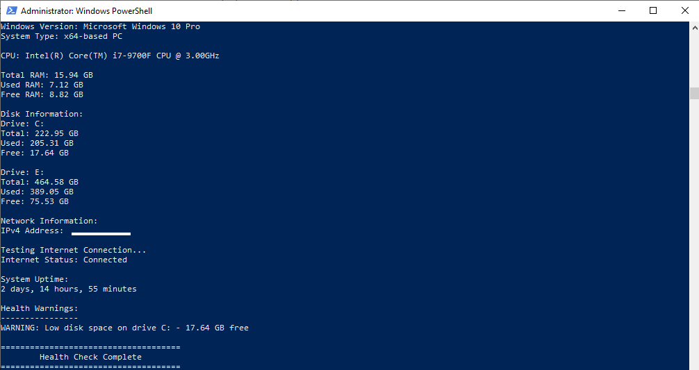 Windows System Health Checker PowerShell output screenshot